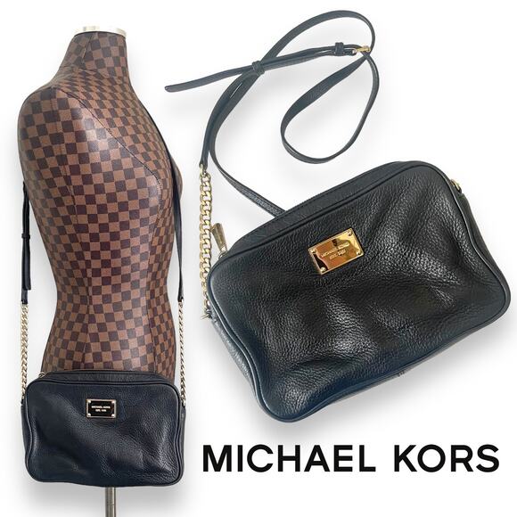 Michael Kors Black Leather Crossbody Bag Gold Chain Handbag Purse - Picture 1 of 12